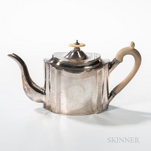 Georgian Sterling Silver Teapot, George Smith, II & Thomas Hayter, London, 1801, decorated with engraved floral garlands and crest on t