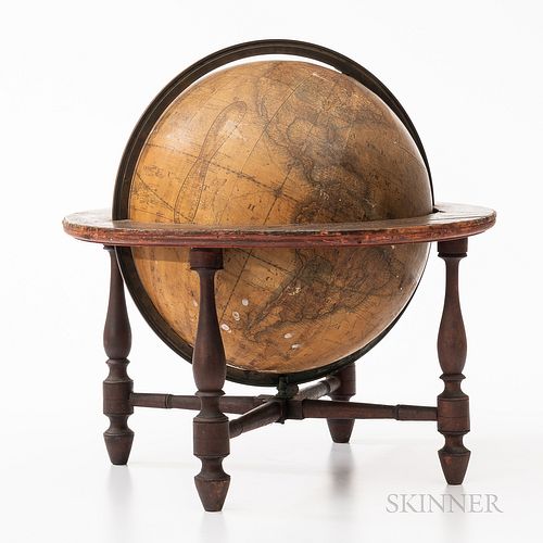 Wilson's Terrestrial Globe, Cyrus Lancaster, Albany, New York, 1836, the lithographed globe mounted in a red-painted frame with vase- a