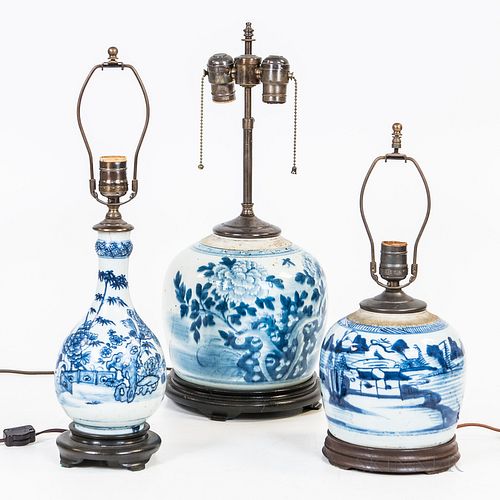 Blue and White Porcelain Ginger Jars and a Bottle as Lamps, China, 19th century.