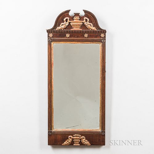 Neoclassical Walnut and Gilt-gesso Mirror, probably England, c. 1810, the broken arch-molded crest centering an urn flanked by ribbons