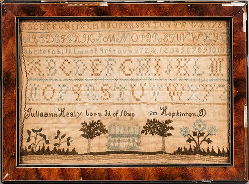 Needlework Sampler "JuliaAnn Healy," probably Massachusetts or New Hampshire, early 19th century, the alphanumeric lines above a pictor
