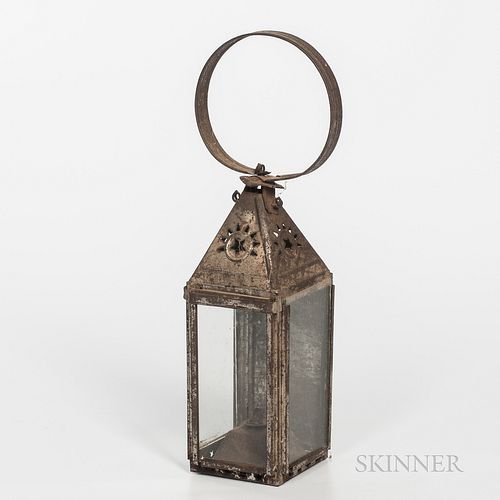 Small Tin and Glass Whale Oil Lantern, mid-19th century, the square body with three windows and sliding tin door, the top with pierced