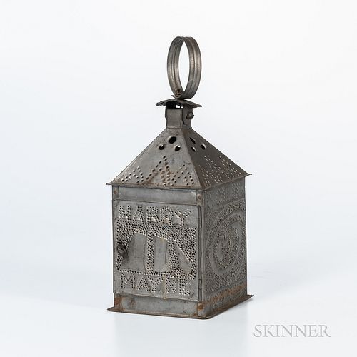 Tin Lantern with Punched Decoration "Harry Mayne," probably Ipswich, Massachusetts, attributed to Arthur Wesley Dow, c. 1925, with pyra
