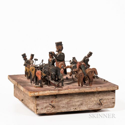 Painted and Articulated Wooden Folk Art Toy, America, c. 1870, designed as a platform with central figure of a top-hatted Abraham Linco