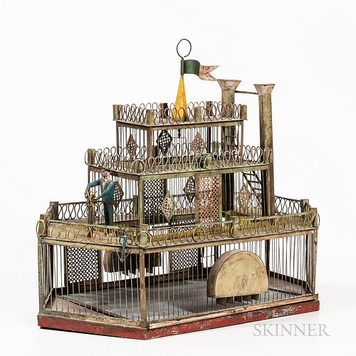 Painted Wirework and Sheet Tin Paddlewheeler-form Birdcage, late 19th/early 20th century, the captain standing at the helm, pennant fly