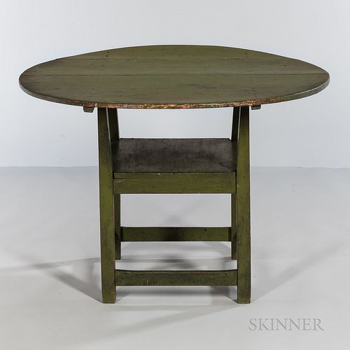 Chippendale Apple Green-painted Pine and Maple Chair Table, New England, late 18th century, the circular top rests on tapering arms con