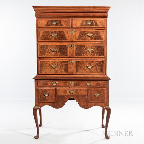Queen Anne Maple and Walnut Veneer High Chest of Drawers, Massachusetts, c. 1730-50, the flat-molded cornice with drawer above a case o