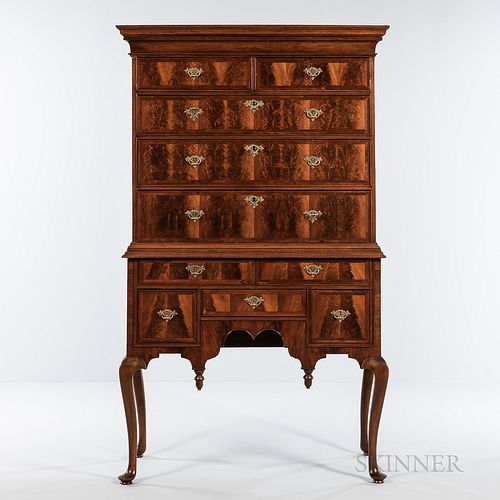 Queen Anne Walnut Veneer and Maple High Chest of Drawers, Massachusetts, c. 1730-50, the molded cornice with drawer above a case of coc