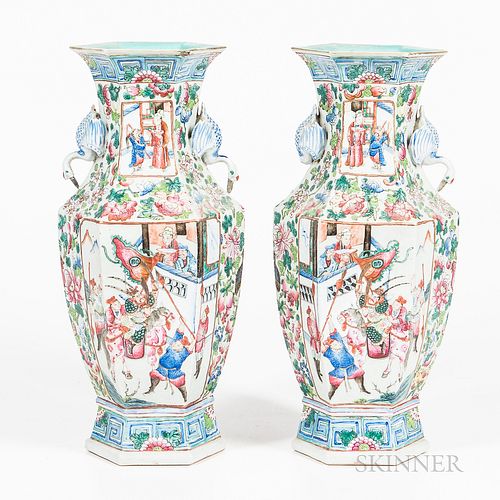 Pair of Rose Mandarin Chinese Export Porcelain Vases, 19th century, hexagonal baluster forms with applied crane handholds, interior gla