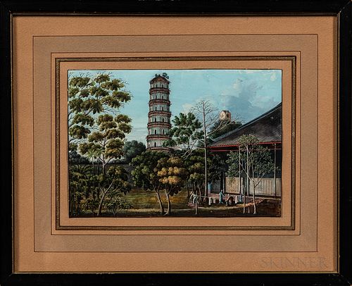 Chinese School, 19th Century, Picture of a House and Pagoda, Unsigned., Condition: A few minor surface blemishes/spots of pigment loss;