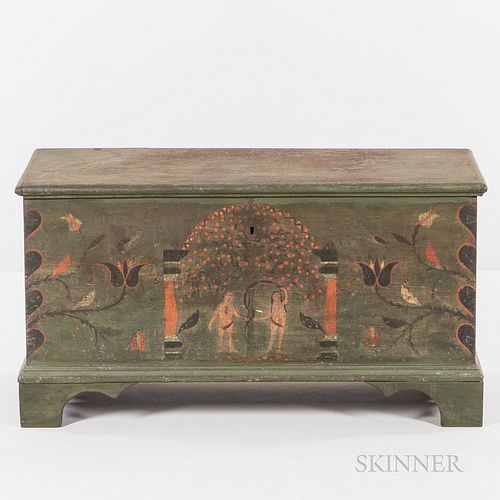 Paint-decorated Pine Dower Chest, Pennsylvania, mid-18th century, the facade painted with Adam and Eve under the apple tree and a serpe