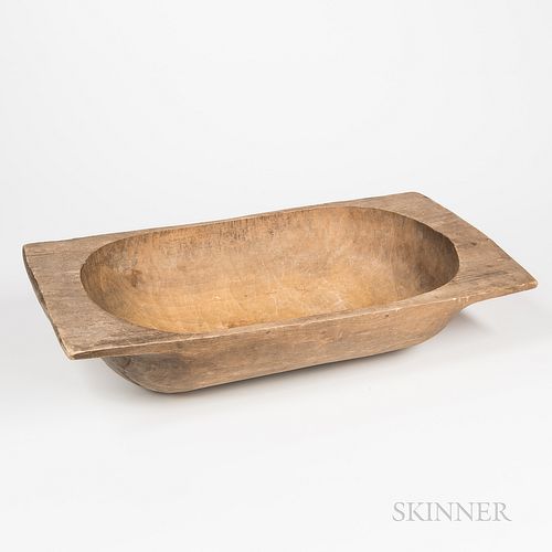 Large Carved Maple Chopping Bowl, New England, early 19th century, the oblong bowl cut from a single rectangular piece of wood, ht. 7,
