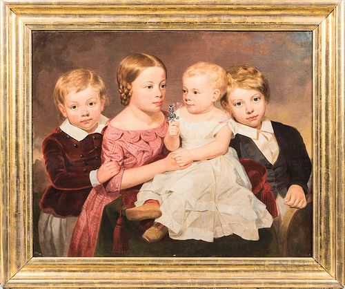 American School, Mid-19th Century, Portrait of Four Children, Possibly New York, Unsigned., Condition: Relined, scattered inpainting.,