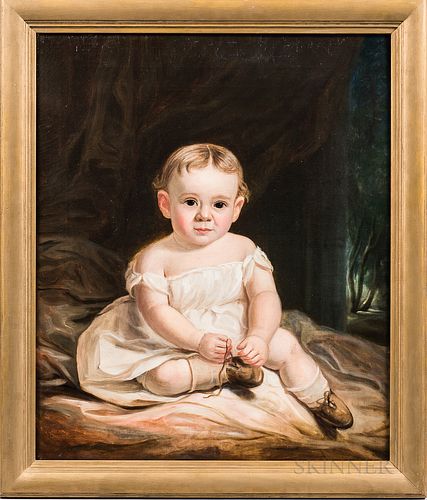 American School, 19th Century, Portrait of a Child Wearing Brown Shoes, Unsigned., Condition: Very minor imperfections., Oil on canvas,