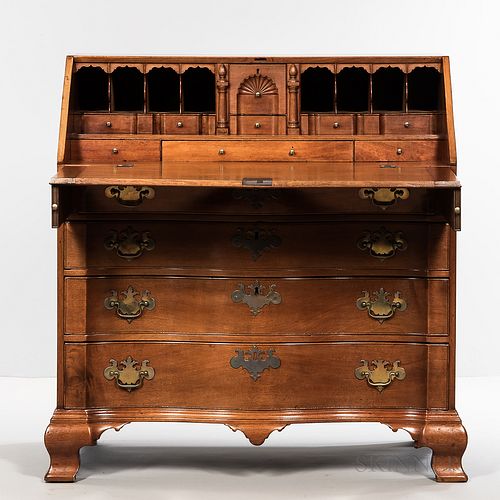 Chippendale Carved Mahogany Reverse-serpentine Slant-lid Desk, Massachusetts, c. 1760-80, the stepped interior with central fan-carved