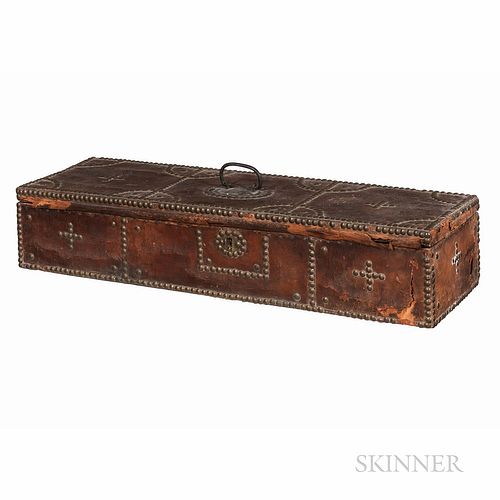 American Leather-bound Violin Case, red-painted and tack-decorated throughout, the unlined interior, approximate length of back 370 mm,