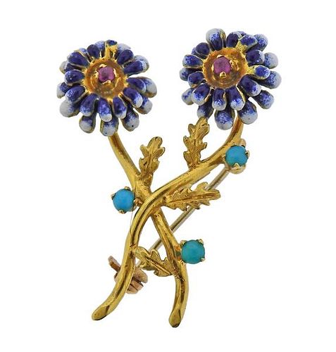 Spritzer &amp; Fuhrmann 18k Gold Turquoise Ruby Flower Pin 
