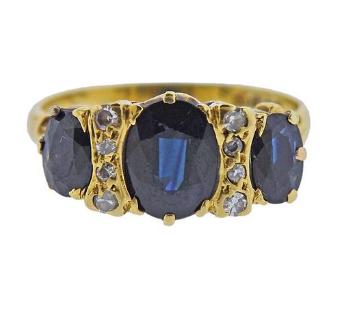 Antique English 18K Gold Diamond Sapphire Ring