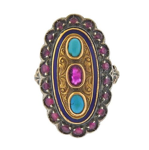 18K Gold Silver Turquoise Red Stone Enamel Ring