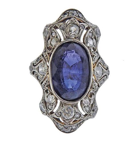 Art Deco 18k Gold Platinum Diamond Blue Stone Ring 