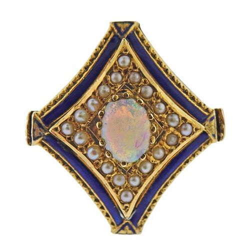 Antique 14K Gold Opal Pearl Enamel Ring