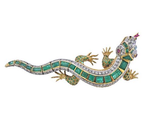 18k Gold Diamond Emerald Ruby Lizard Large Brooch Pin