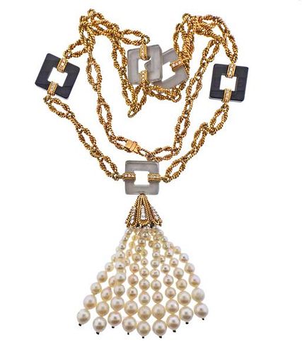 18K Gold Diamond Onyx Crystal Pearl Tassel Necklace 