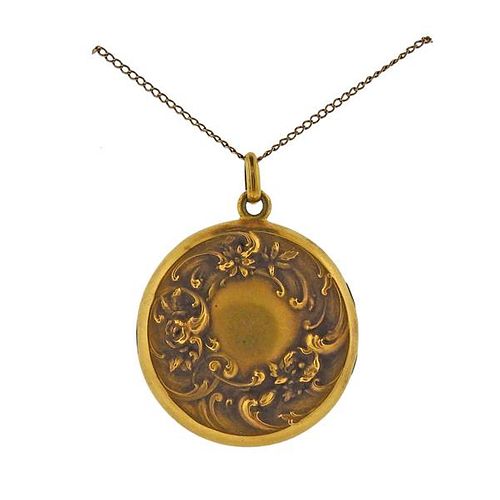 Antique Gold Repousse Locket Pendant Necklace 