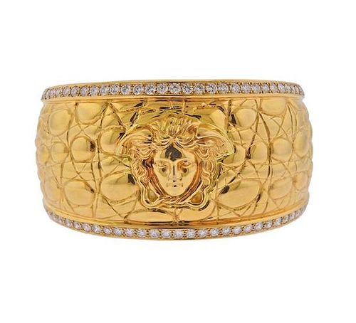 Gianni Versace 18K Gold Diamond Wide Cuff Bracelet