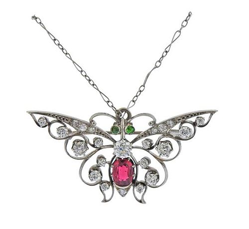 Antique 18K Gold Diamond  Butterfly Brooch Pendant Platinum Necklace