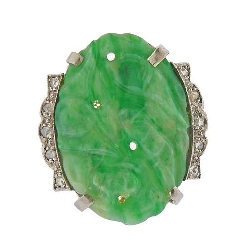  GIA Jadeite Jade Platinum Rose Cut Diamond Ring