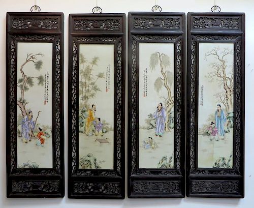 Four Large Qing Porcelain Panels With Zitan Frames