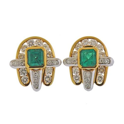 18K  Gold Diamond Emerald Earrings