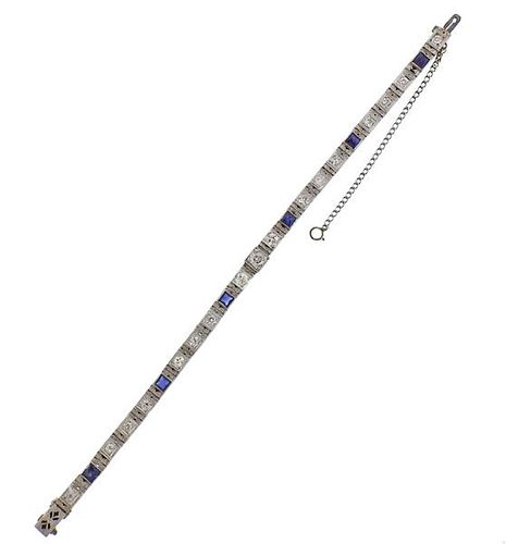Art Deco Filigree 14K Gold Diamond Blue Stone Bracelet
