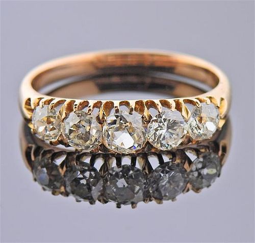 Antique 18k Gold Old Mine Diamond 5 Stone Ring 