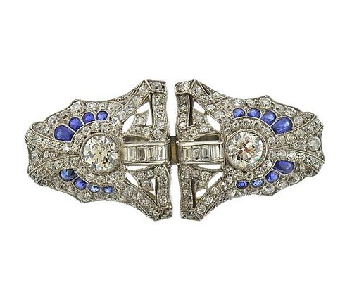 Art Deco Platinum Diamond Sapphire Brooch Clip Set 