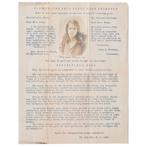Fundraising Letter for Florida Normal & Industrial Institute with Mounted Photograph of a Young African American Woman, circa 1918