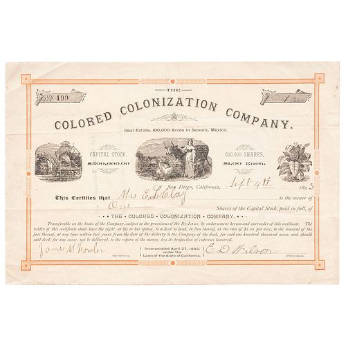 Colored Colonization Company Stock Certificate, 1893