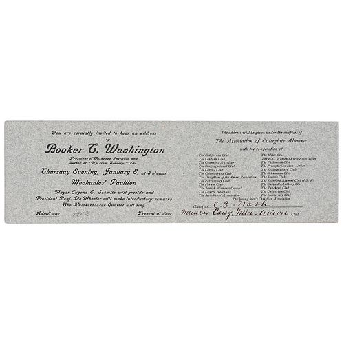 An Address by Booker T. Washington Invitation Ticket, San Francisco, 1903