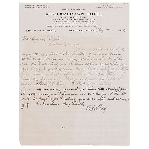 ALS from B.R. Orey, Proprietor of Afro American Hotel on Letterhead, Seattle, 1912
