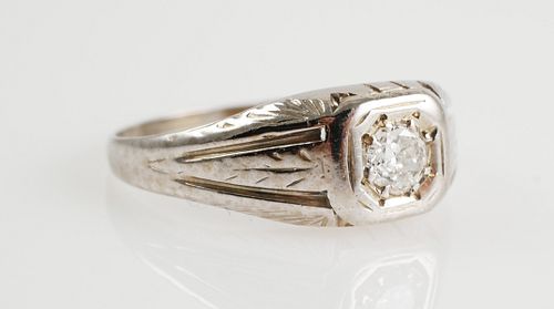 Engraved 14K White GOLD & DIAMOND Ring 