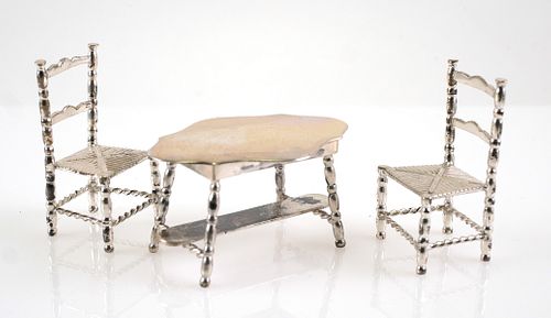 Dutch Silver 835 Miniature Table and Two Chairs