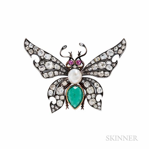 Antique Emerald and Diamond Butterfly Brooch, France, bezel-set with a pear-shape emerald measuring approx. 11.50 x 8.00 x 3.00 mm, cab