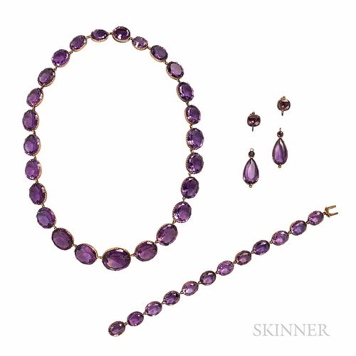 Antique Gold and Amethyst Partial Parure, c. 1840, comprising a riviere, bracelet, and earpendants, all with bezel-set amethysts, lg. 1