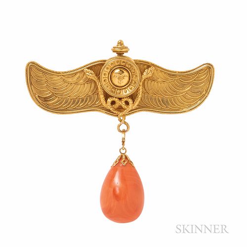 Archeological Revival Gold and Coral Brooch, the wing motif with applied wirework, with snake and sun motifs, lg. 2 7/8 in., suspending