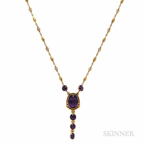Gold, Amethyst, and Diamond Pendant Necklace, composed of antique elements, the large oval-cut amethyst suspending drops, joined to fan