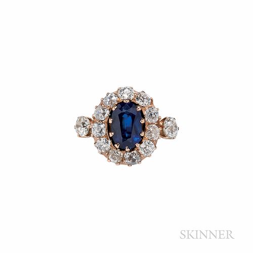 Antique Gold, Sapphire, and Diamond Ring, set with an oval-cut sapphire measuring approx. 9.40 x 6.10 x 4.30 mm, framed by old European