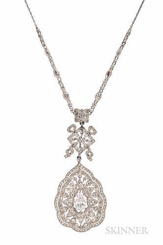 Edwardian Platinum and Diamond Pendant Necklace, set with a pear-shape diamond weighing approx. 0.50 cts., and old European-, old singl