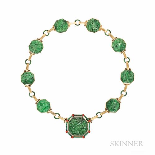 Art Deco Gold, Jade, and Enamel Necklace, the jade plaques depicting birds and flowers, joined by enamel rings and ribbed links, 29.3 d