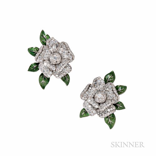 Oscar Heyman Platinum, Enamel, and Diamond Gardenia Earrings, set with full-cut diamonds, total wt. 6.40 cts., 27.0 dwt, 1 1/2 x 1 1/4